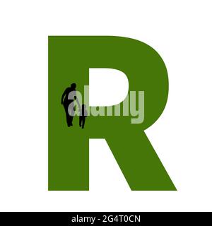 Lettre R de l'alphabet avec silhouette d'une mère et d'un enfant marchant, en vert et noir Banque D'Images