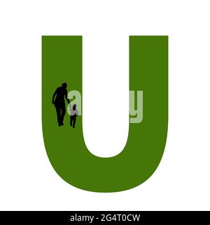 Lettre U de l'alphabet avec silhouette d'une mère et d'un enfant marchant, en vert et noir Banque D'Images
