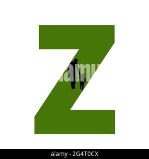 Lettre Z de l'alphabet avec silhouette d'une mère et d'un enfant marchant, en vert et noir Banque D'Images