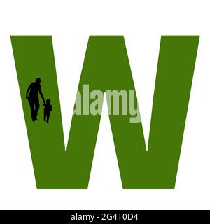 Lettre W de l'alphabet avec silhouette d'une mère et d'un enfant marchant, en vert et noir Banque D'Images