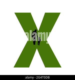 Lettre X de l'alphabet avec silhouette d'une mère et d'un enfant marchant, en vert et noir Banque D'Images