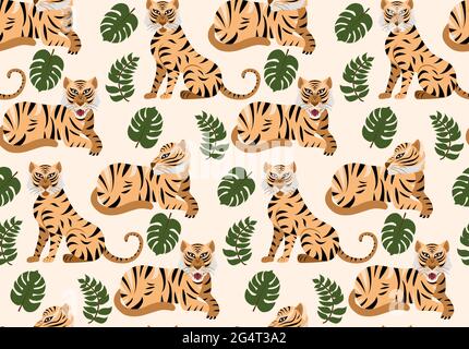 Motif vectoriel sans couture avec tigres et plantes tropicales Illustration de Vecteur