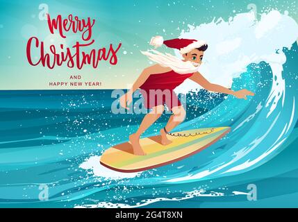 Homme dans les vêtements du Père Noël surfant sur la vague dans l'océan tropical. Lettrage à la main joyeux Noël. Vacances, Resort, cartes de vœux. Illustration de Vecteur