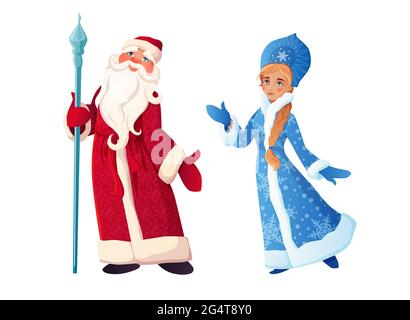 Père Noël russe avec Snow Maiden. DED Moroz et Snegurochka. Texte russe Bonne Année. Illustration vectorielle de dessin animé. Illustration de Vecteur