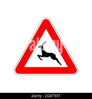 Icône de cerf sur le triangle rouge et blanc signalisation routière sur blanc Illustration de Vecteur