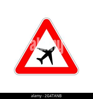 Icône d'avion sur le triangle rouge et blanc sur le panneau de route sur blanc Illustration de Vecteur