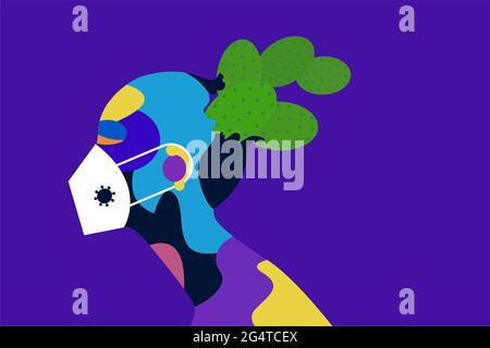 Cactus croissant à partir de la tête d'une figure humaine multicolore portant un masque facial Illustration de Vecteur