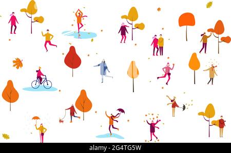 Saison d'automne arrière-plan avec les gens. Illustration vectorielle de style plat. Illustration de Vecteur