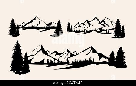 Ensemble de montagnes. Collection de paysages de montagne stylisés. Illustration noire et blanche des montagnes. Logo Linear Art Illustration de Vecteur