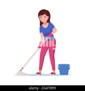 Une fille lave le sol. Jeune belle femme heureuse nettoie le sol avec une vadrouille humide. La femme de ménage fait le ménage. Illustration vectorielle isolée sur whi Illustration de Vecteur