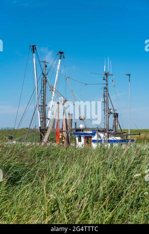 Superstructure de mât d'un coupe-crevettes dans le port naturel, Spieka, Basse-Saxe, Allemagne, Europe Banque D'Images