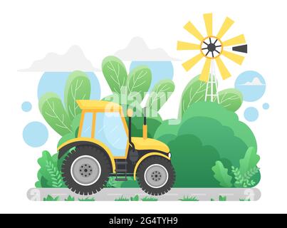 Tracteur agricole roulant sur route de campagne en paysage rural illustration vectorielle. Dessin animé campagne paysage rural avec moulin et machine agricole, la technologie agricole isolée sur blanc Illustration de Vecteur