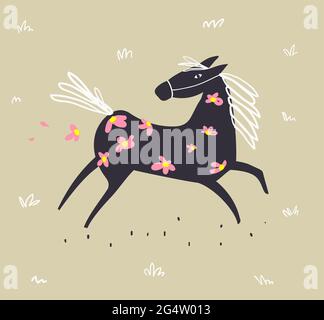 Wild Horse Running, dessin au doodle de style scandinave Illustration de Vecteur