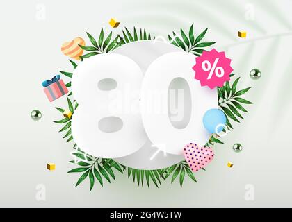 80 % de réduction. Remise sur la composition créative. Bannière de solde d'été avec objets décoratifs, feuilles de palmier et boîte-cadeau. Bannière et affiche de vente. Illustration vectorielle. Illustration de Vecteur