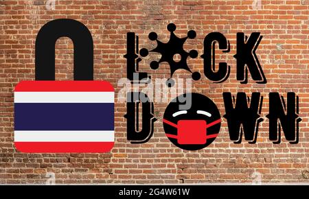 Thaïlande Lockdown pour la quarantaine des épidémies de coronavirus. Crise pandémique Covid-19. Illustration du concept de verrouillage du drapeau thaïlandais Banque D'Images