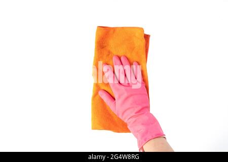 les personnes en gros plan tiennent le gant de protection sur une surface blanche isolée. concept d'entretien ménager Banque D'Images