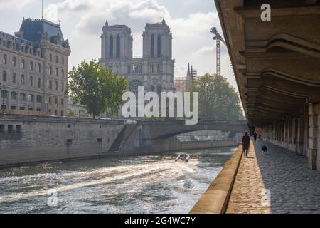 Paris, France - 05 02 2021 : une fille et son chien marchant le long du quai de Seine près de la cathédrale notre-Dame et de l'Ile de la Cité sous le pont Saint-Michel Banque D'Images