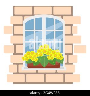 Boîte avec fleurs jaunes sur la fenêtre, mur de briques avec fenêtre blanche, illustration vectorielle de style plat, dessin animé, isolé Illustration de Vecteur