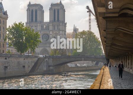 Paris, France - 05 02 2021 : une fille marchant le long du quai de Seine près de la cathédrale notre-Dame et de l'Ile de la Cité sous le pont Saint-Michel Banque D'Images