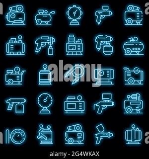 Icônes du compresseur d'air définies. Ensemble de contours d'icônes vectorielles de compresseur d'air de couleur néon sur noir Illustration de Vecteur