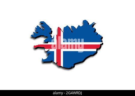 Carte de l'Islande avec le drapeau national superposé sur le pays. Graphiques 3D projetant une ombre sur l'arrière-plan blanc Banque D'Images