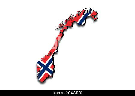 Carte de la Norvège avec le drapeau national superposé sur le pays. Graphiques 3D projetant une ombre sur l'arrière-plan blanc Banque D'Images