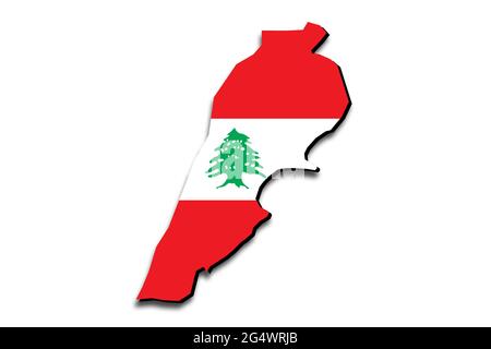 Carte du Liban avec le drapeau national superposé sur le pays. Graphiques 3D projetant une ombre sur l'arrière-plan blanc Banque D'Images