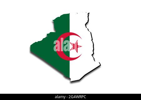 Carte de l'Algérie avec le drapeau national superposé sur le pays. Graphiques 3D projetant une ombre sur l'arrière-plan blanc Banque D'Images