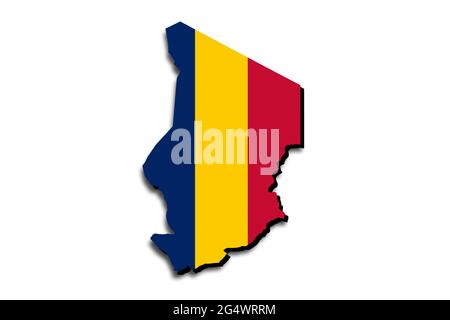 Carte du Tchad avec le drapeau national superposé sur le pays. Graphiques 3D projetant une ombre sur l'arrière-plan blanc Banque D'Images