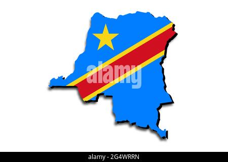 Carte de la République démocratique du Congo avec le drapeau national superposé sur le pays. Graphiques 3D projetant une ombre sur l'arrière-plan blanc Banque D'Images