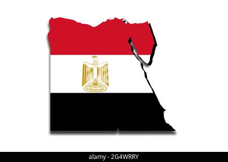 Carte de l'Égypte avec le drapeau national superposé sur le pays. Graphiques 3D projetant une ombre sur l'arrière-plan blanc Banque D'Images