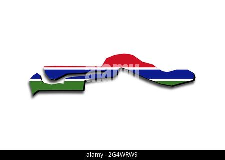Carte de la Gambie avec le drapeau national superposé sur le pays. Graphiques 3D projetant une ombre sur l'arrière-plan blanc Banque D'Images