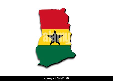 Carte du Ghana avec le drapeau national superposé sur le pays. Graphiques 3D projetant une ombre sur l'arrière-plan blanc Banque D'Images