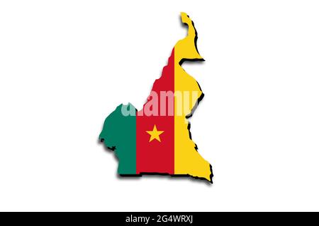 Carte du Cameroun avec le drapeau national superposé sur le pays. Graphiques 3D projetant une ombre sur l'arrière-plan blanc Banque D'Images