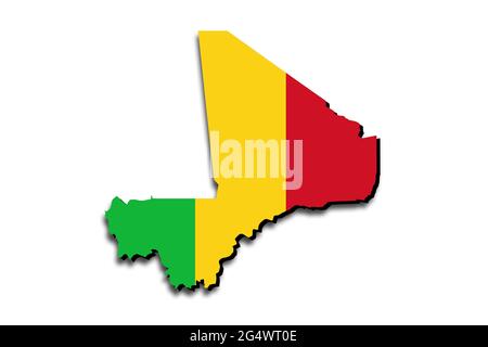 Carte du Mali avec le drapeau national superposé sur le pays. Graphiques 3D projetant une ombre sur l'arrière-plan blanc Banque D'Images