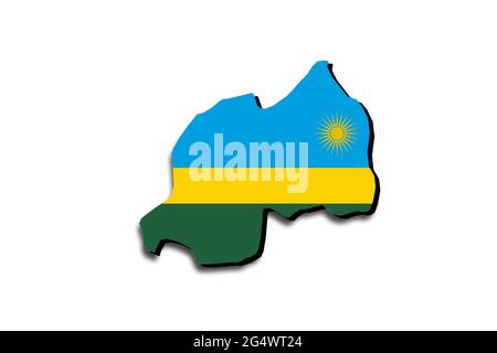 Carte du Rwanda avec le drapeau national superposé sur le pays. Graphiques 3D projetant une ombre sur l'arrière-plan blanc Banque D'Images