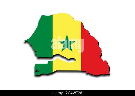 Carte du Sénégal avec le drapeau national superposé sur le pays. Graphiques 3D projetant une ombre sur l'arrière-plan blanc Banque D'Images