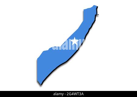 Carte de la Somalie sans Somaliland avec le drapeau national superposé sur le pays. Graphiques 3D projetant une ombre sur l'arrière-plan blanc Banque D'Images