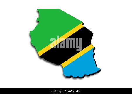 Carte de la Tanzanie avec le drapeau national superposé sur le pays. Graphiques 3D projetant une ombre sur l'arrière-plan blanc Banque D'Images