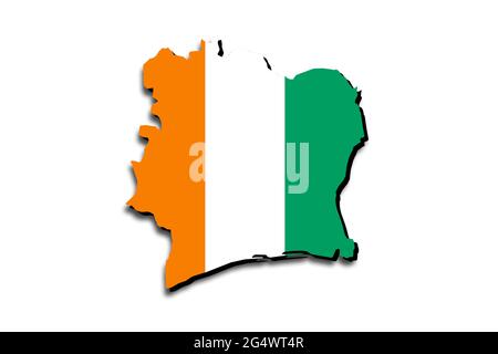 Carte de la Côte d'Ivoire avec le drapeau national superposé sur le pays. Graphiques 3D projetant une ombre sur l'arrière-plan blanc Banque D'Images