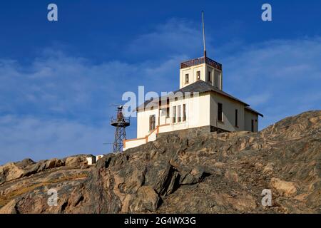 Lüderitz: Ancien phare sur l'île de Shark, Atlantique Sud, mât gauche en treillis avec antenne radar et balise, Atlantique Sud, région de Karas, Namibie Banque D'Images