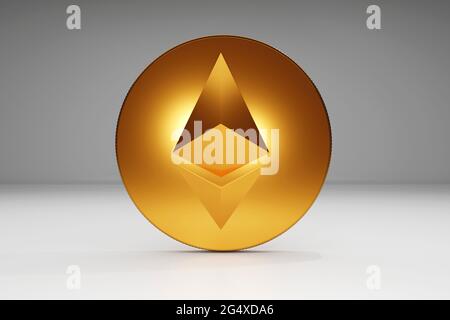 Illustration 3D de la crypto-monnaie dorée sur fond gris Banque D'Images