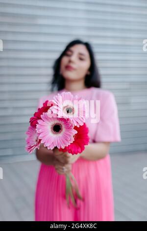 Femme montrant des fleurs de Gerbera en face de l'obturateur Banque D'Images