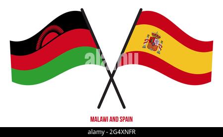 Malawi et Espagne drapeaux croisés et ondulant le style plat. Proportion officielle. Corriger les couleurs. Illustration de Vecteur
