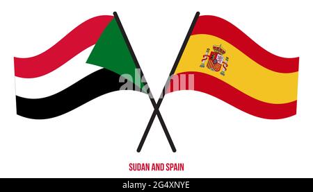 Soudan et Espagne drapeaux croisés et ondulant le style plat. Proportion officielle. Corriger les couleurs. Illustration de Vecteur