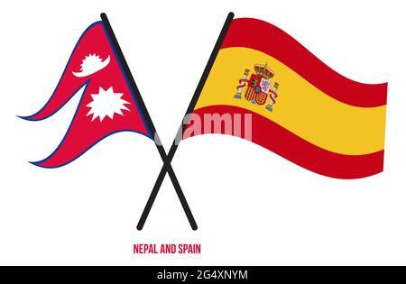 Nepal et Espagne drapeaux croisés et ondulant le style plat. Proportion officielle. Corriger les couleurs. Illustration de Vecteur