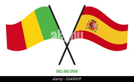 Mali et Espagne drapeaux croisés et ondulant le style plat. Proportion officielle. Corriger les couleurs. Illustration de Vecteur