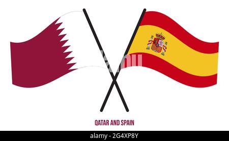 Les drapeaux du Qatar et de l'Espagne ont traversé et ont fait des signes de style plat. Proportion officielle. Corriger les couleurs. Illustration de Vecteur