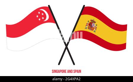 Singapour et l'Espagne drapeaux croisés et ondulant le style plat. Proportion officielle. Corriger les couleurs. Illustration de Vecteur