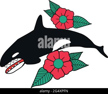 illustration de requin et de fleur dans le style traditionnel de tatouage vintage Illustration de Vecteur